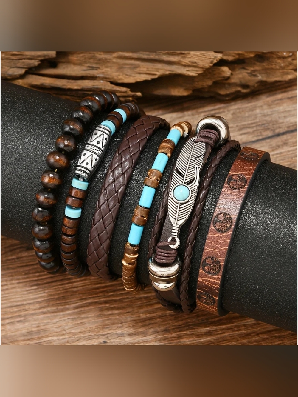 Bohemian Bracelets Brown Turquoise Silvery 6-piece  Set Hippie Style Jewelry - Picture 8 of 10